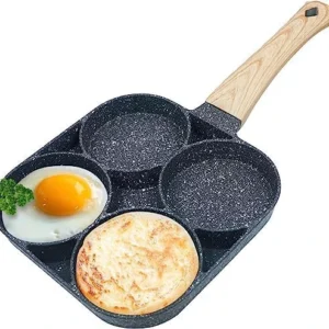 4-Hole Non-Stick Breakfast Frying Pan with Detachable Wooden Handle – Perfect for Eggs, Uttapam, Idli, Burgers & More