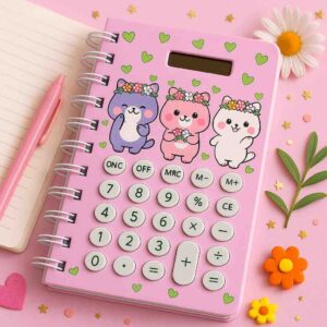 Cartoon Design Diary For Kids With Built-In Solar Calculator - Spiral Notebook With Lined Pages For Writing, Drawing And Learning Math - Color As Per Stock