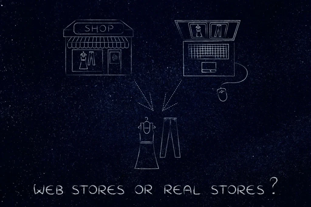Customer shopping in store showing Online Shopping vs Offline Shopping choice