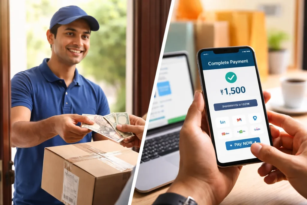 Cash on Delivery vs Online Payment comparison showing COD and digital payment methods in ecommerce